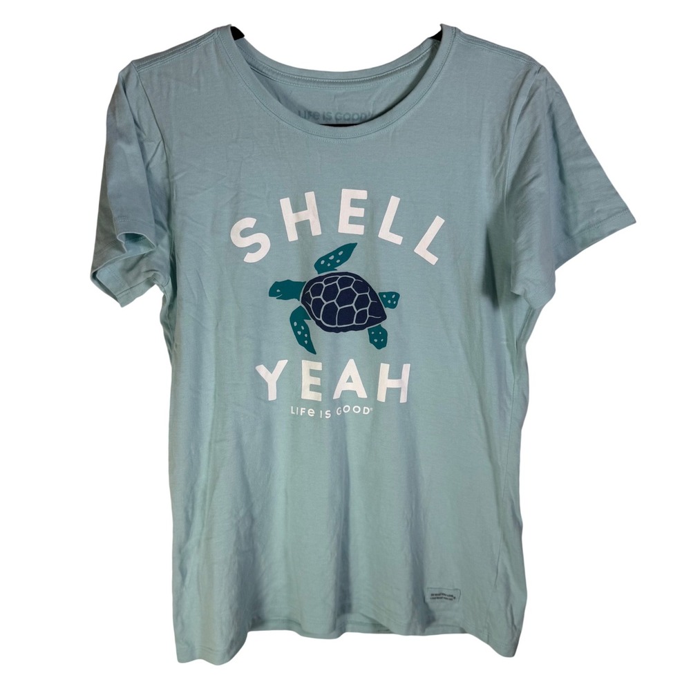 Life is Good Womens Crusher Tee Light Blue Shell Yeah Sea Turtle Graphic Shirt M